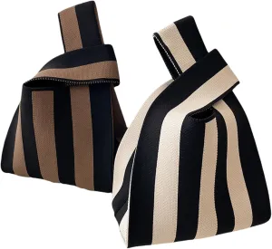 Stripe Wrist Tote Japanese Knot Purse, Small Crochet Wristlet Handbag Casual Color Wide Stripe Plaid Pouch For Shopping Work