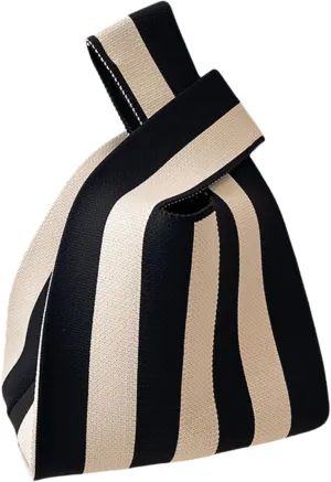 Stripe Wrist Tote Japanese Knot Purse, Small Crochet Wristlet Handbag Casual Color Wide Stripe Plaid Pouch For Shopping Work