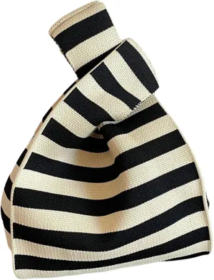 Stripe Wrist Tote Japanese Knot Purse, Small Crochet Wristlet Handbag Casual Color Wide Stripe Plaid Pouch For Shopping Work