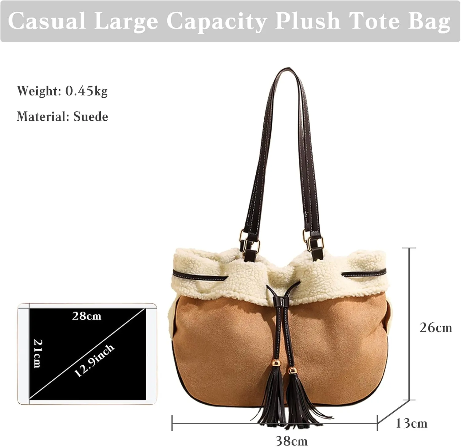 Suede Shoulder Bag for Women Handbag with Lamb Wool Large Capacity Tote Bag Vintage Soft Plush Top Handle Bag