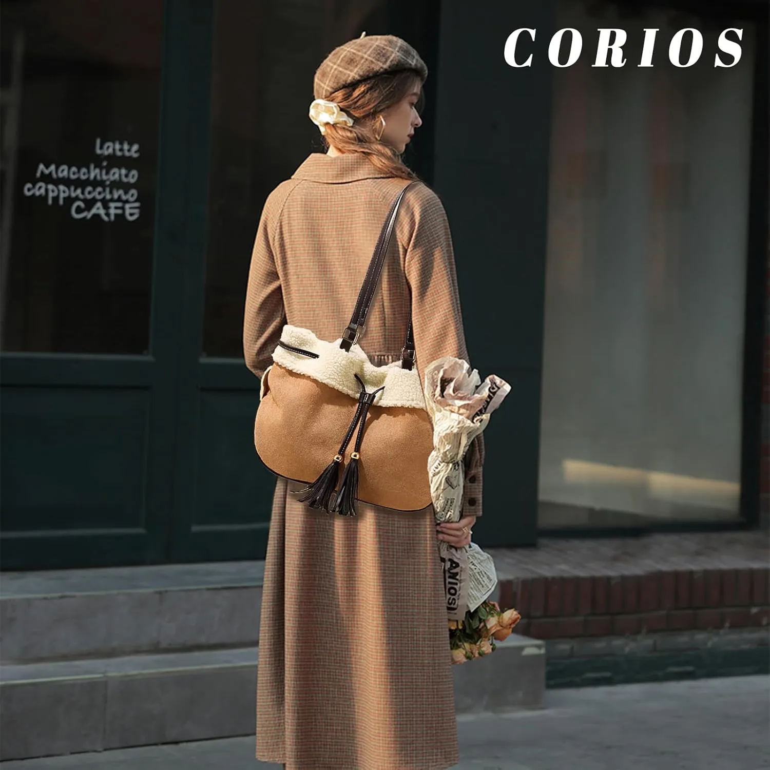 Suede Shoulder Bag for Women Handbag with Lamb Wool Large Capacity Tote Bag Vintage Soft Plush Top Handle Bag