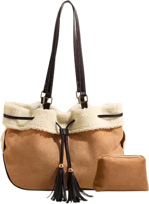 Suede Shoulder Bag for Women Handbag with Lamb Wool Large Capacity Tote Bag Vintage Soft Plush Top Handle Bag