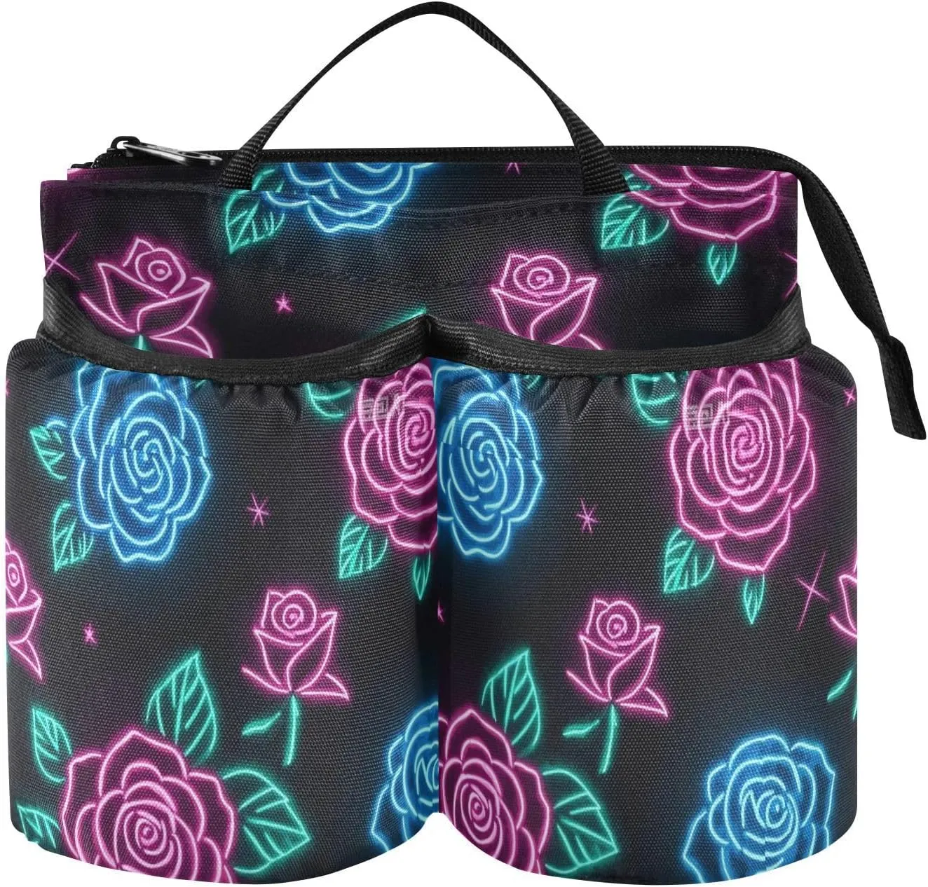 Suitcase Cup Holder Folding Red and Blue Neon Fluorescent Roses Travel Carry-on Accessories Hold Two Coffee Mugs for Airplane Travelers cafe para maleta