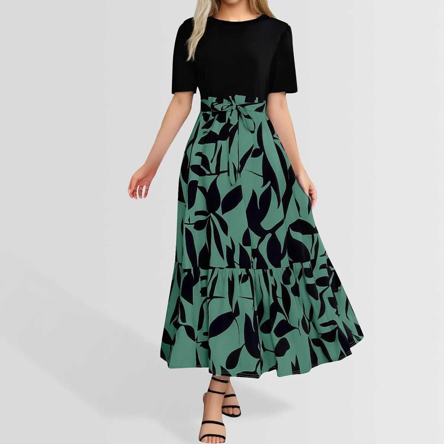 Summer Dresses for Women 2025 Floral Elegant Tie Belted Patchwork A Line Waist Short Sleeve Flowy Beach Maxi Dress