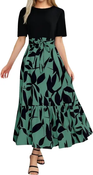 Summer Dresses for Women 2025 Floral Elegant Tie Belted Patchwork A Line Waist Short Sleeve Flowy Beach Maxi Dress