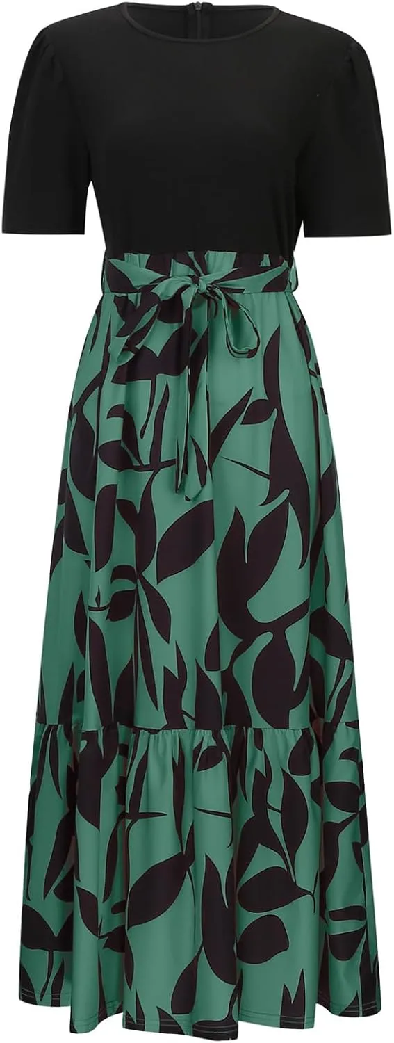Summer Dresses for Women 2025 Floral Elegant Tie Belted Patchwork A Line Waist Short Sleeve Flowy Beach Maxi Dress