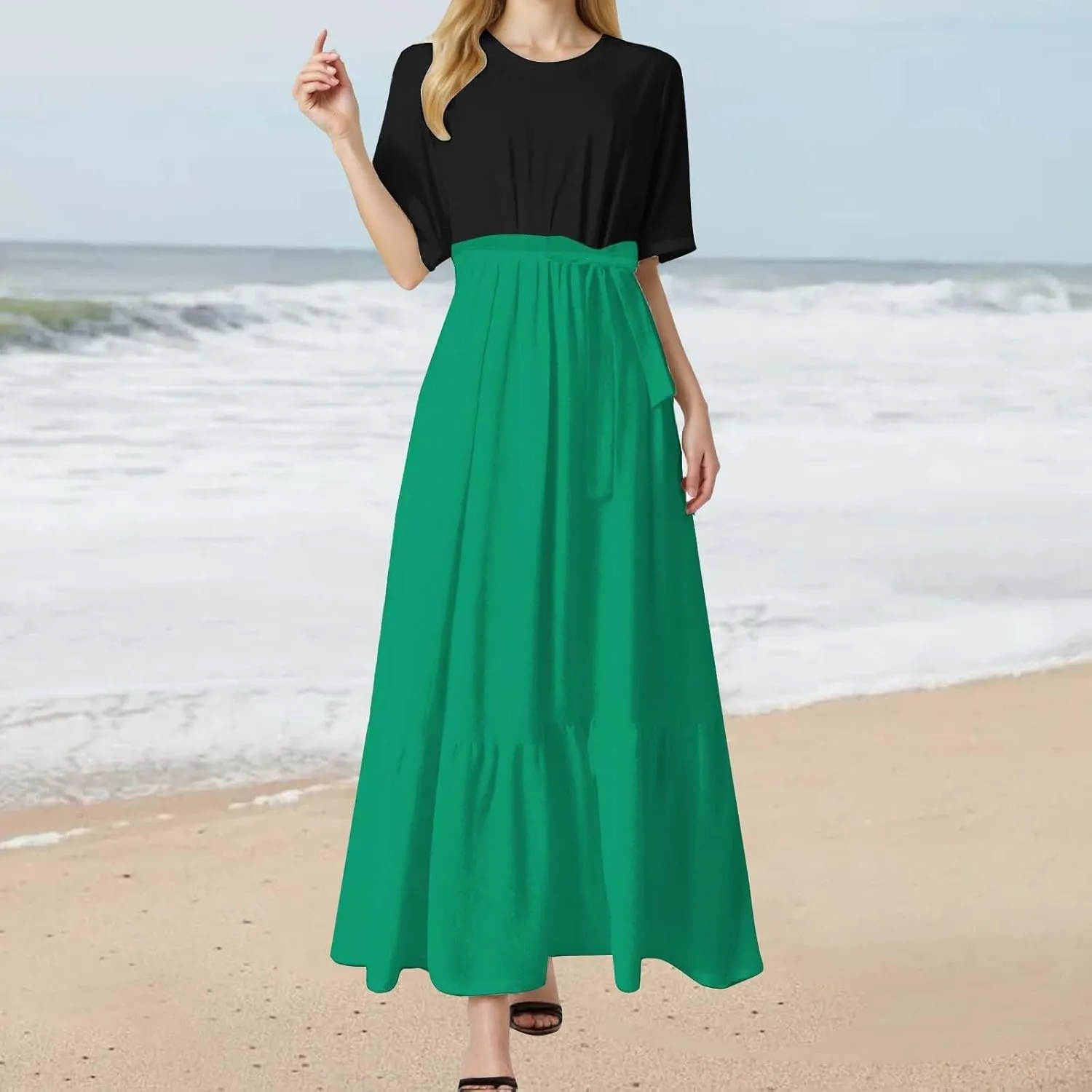 Summer Dresses for Women 2025 Floral Print Wrap Short Bell Sleeve Patchwork Three Layer Ruffle Hem A Line Maxi Dress