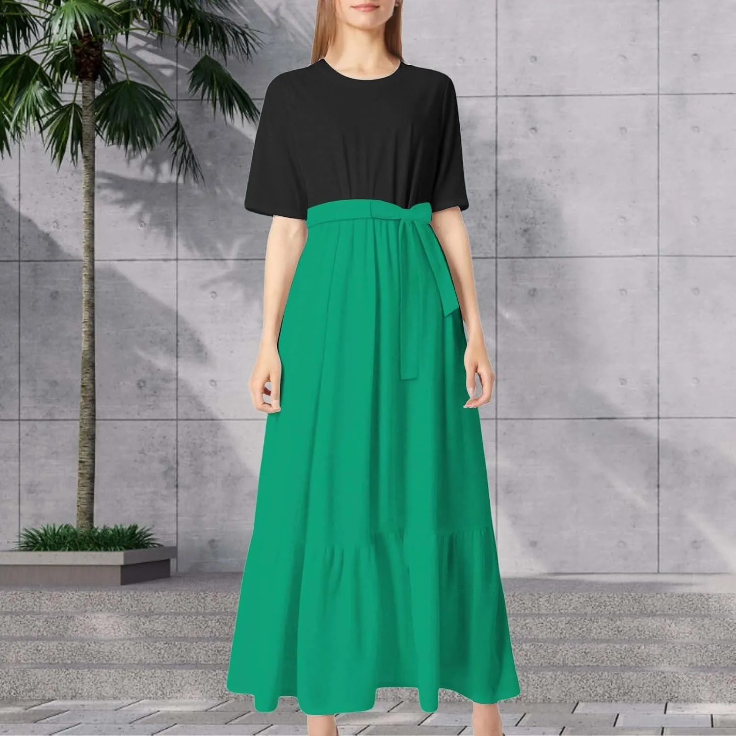 Summer Dresses for Women 2025 Floral Print Wrap Short Bell Sleeve Patchwork Three Layer Ruffle Hem A Line Maxi Dress