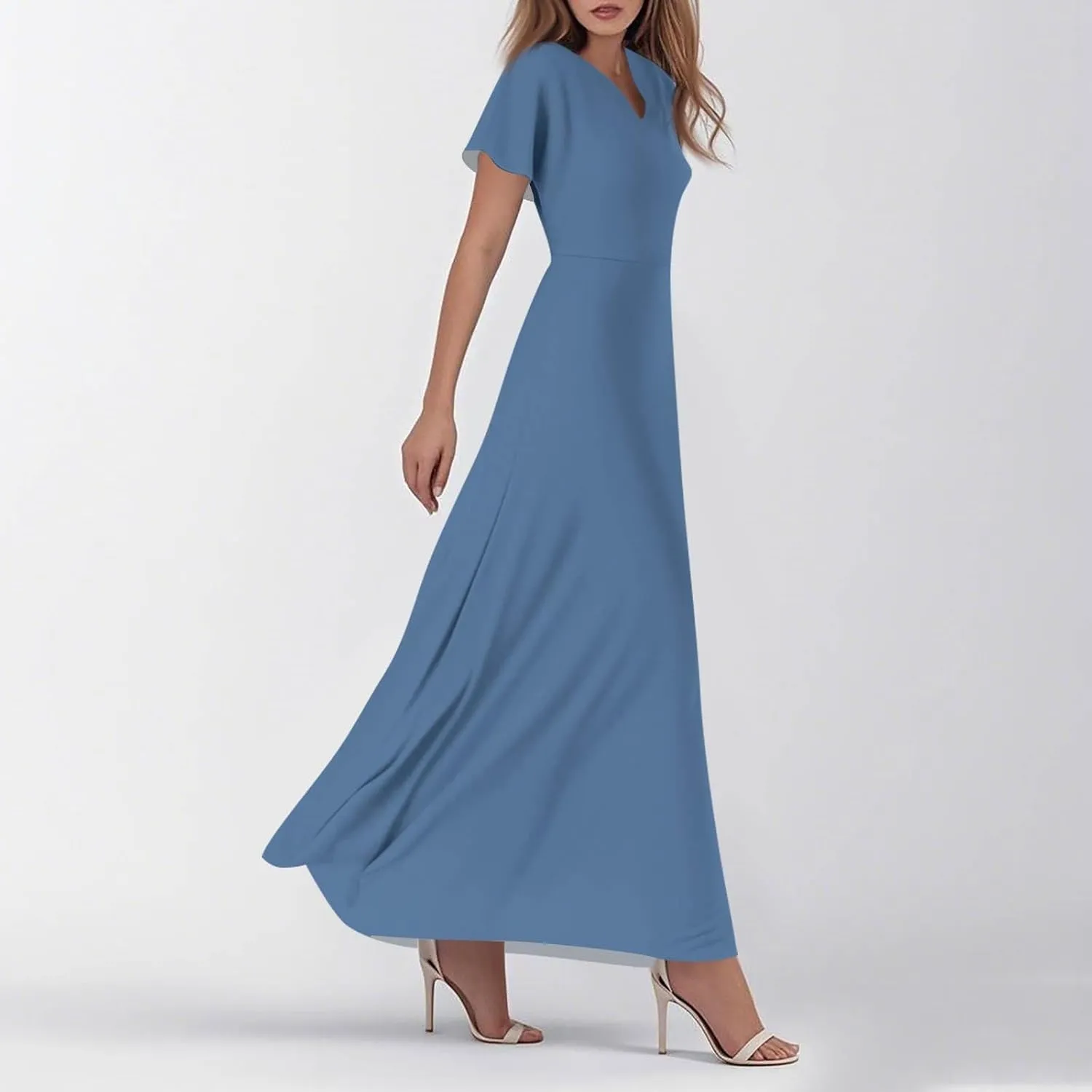 Summer Dresses for Women Elegant V-Neck Short Sleeve Long Maxi Dress Solid/Floral Printed Cocktail Party Dresses