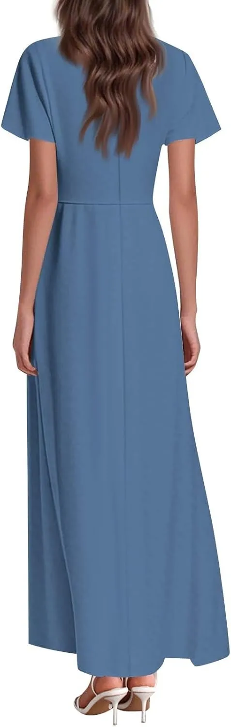 Summer Dresses for Women Elegant V-Neck Short Sleeve Long Maxi Dress Solid/Floral Printed Cocktail Party Dresses
