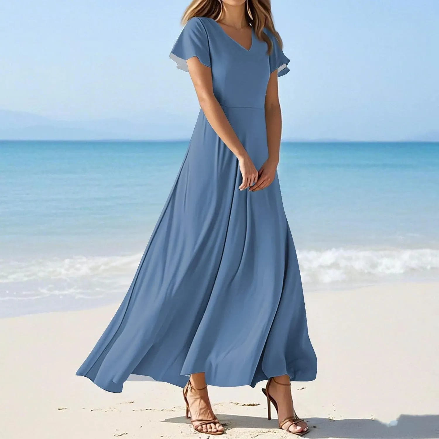 Summer Dresses for Women Elegant V-Neck Short Sleeve Long Maxi Dress Solid/Floral Printed Cocktail Party Dresses