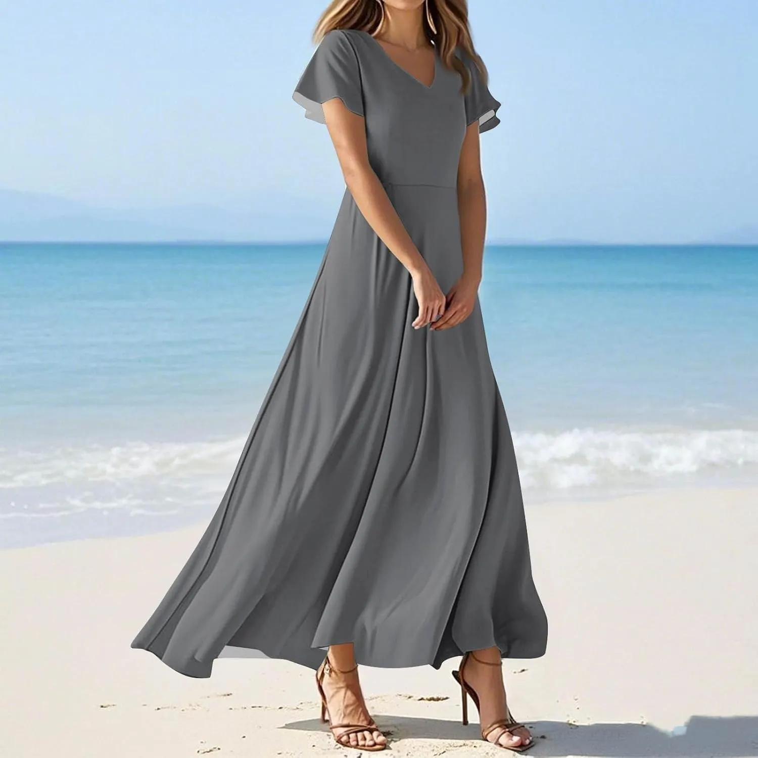 Summer Dresses for Women Elegant V-Neck Short Sleeve Long Maxi Dress Solid/Floral Printed Cocktail Party Dresses
