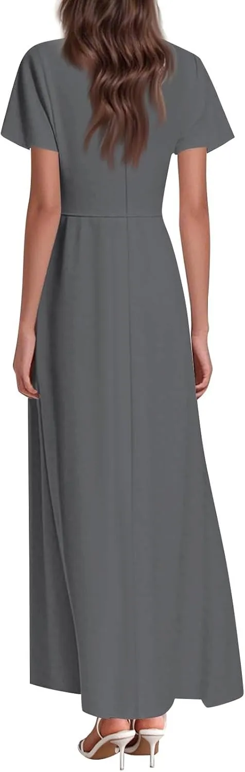 Summer Dresses for Women Elegant V-Neck Short Sleeve Long Maxi Dress Solid/Floral Printed Cocktail Party Dresses