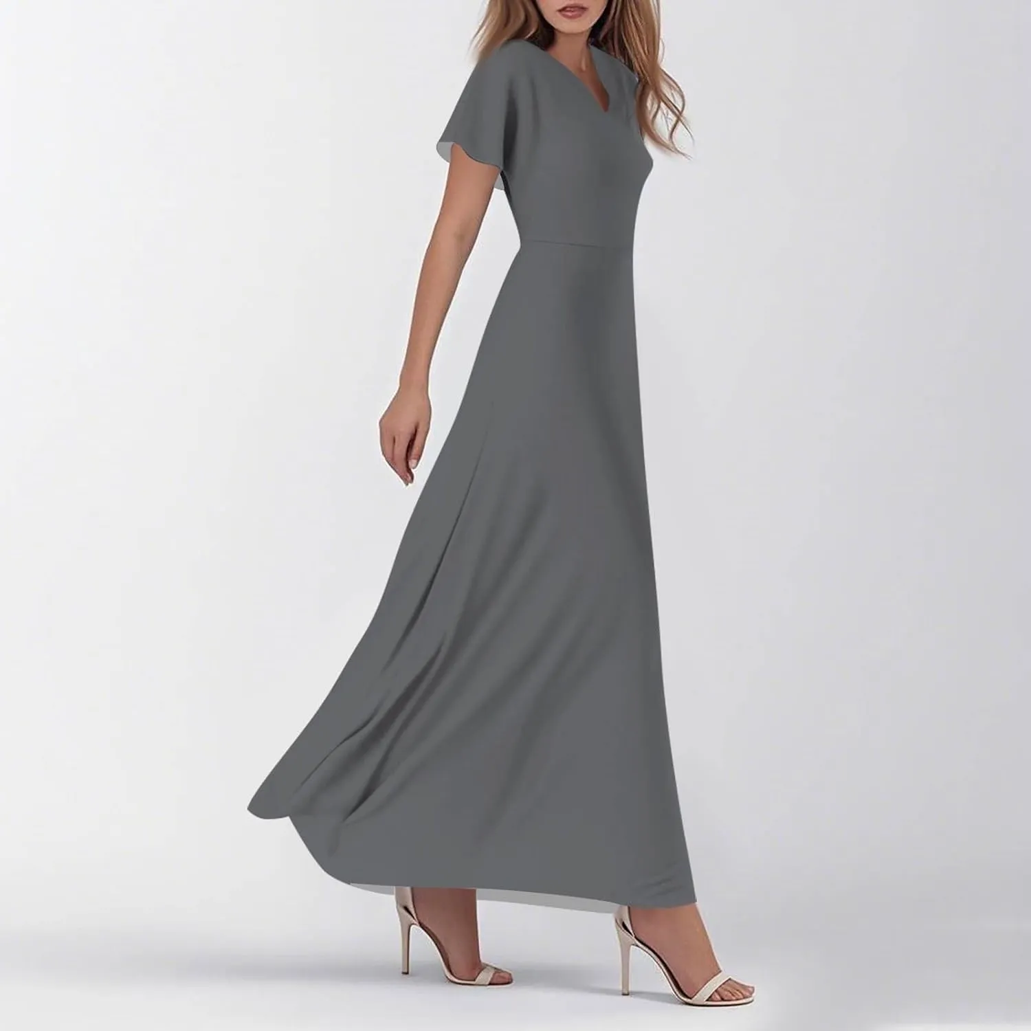 Summer Dresses for Women Elegant V-Neck Short Sleeve Long Maxi Dress Solid/Floral Printed Cocktail Party Dresses