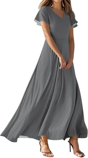 Summer Dresses for Women Elegant V-Neck Short Sleeve Long Maxi Dress Solid/Floral Printed Cocktail Party Dresses