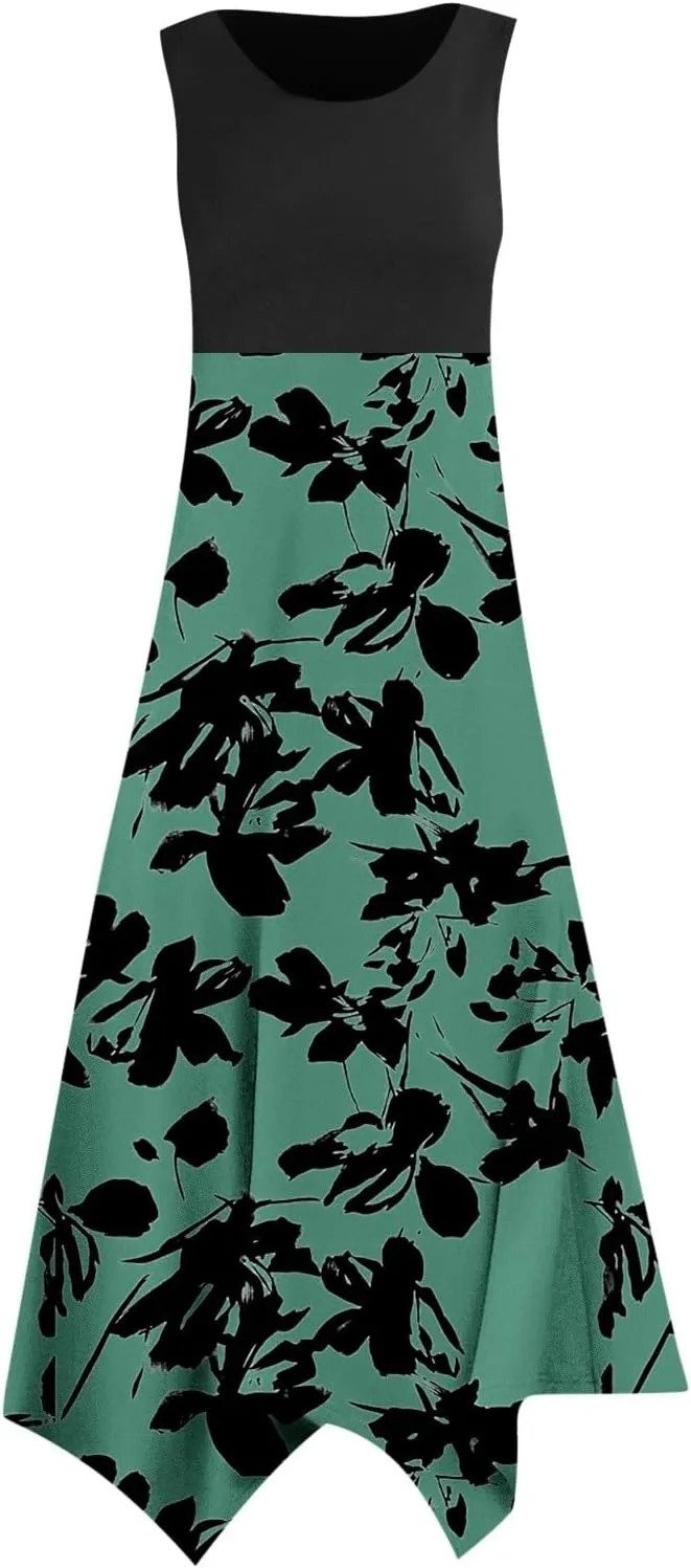 Summer Dresses for Women Sleeveless 2025 Patchwork Boho Dress Floral Flowy U Neck Tank A Line Vacation Midi Sundress