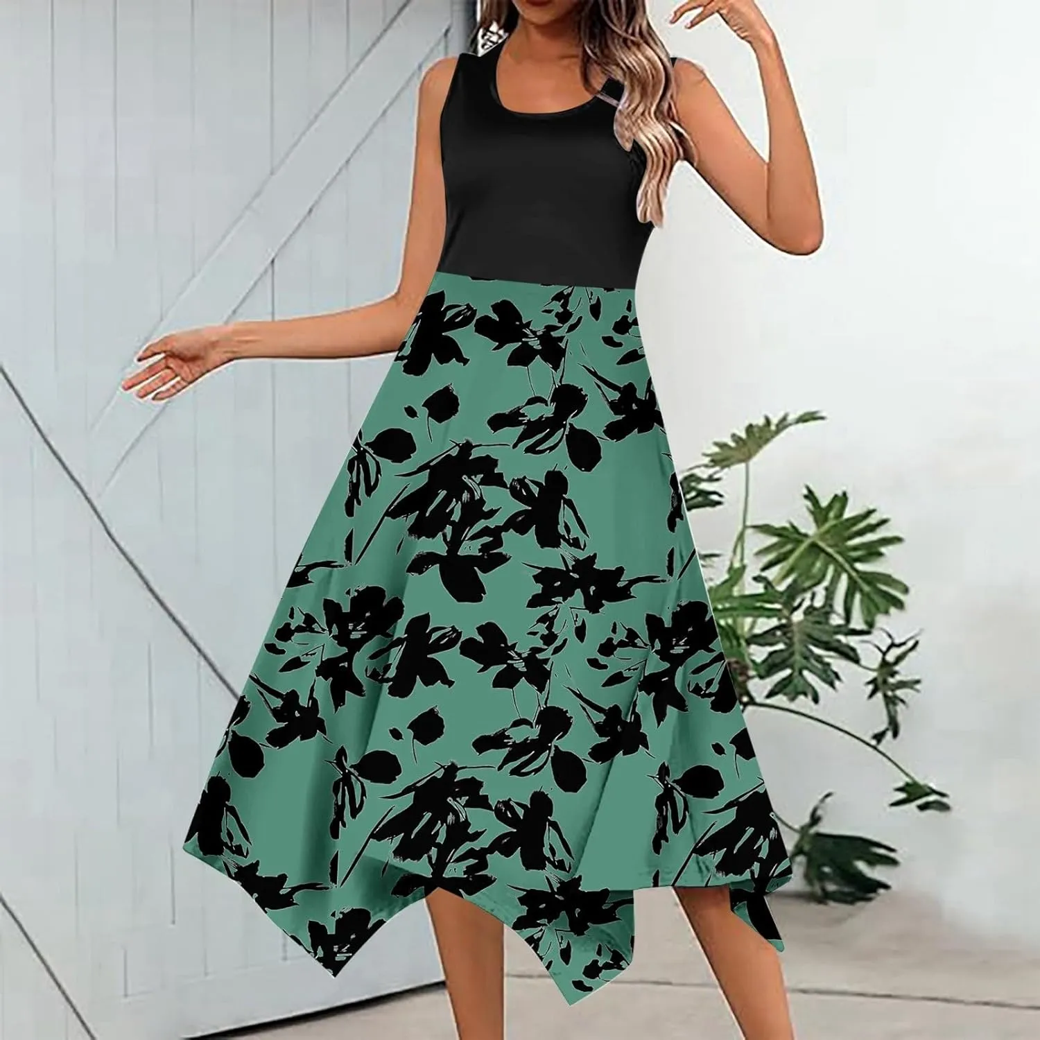 Summer Dresses for Women Sleeveless 2025 Patchwork Boho Dress Floral Flowy U Neck Tank A Line Vacation Midi Sundress