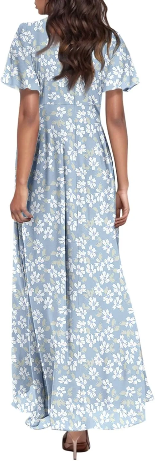 Summer Dress,Wedding Guest Floral Maxi Dress Short Sleeve Flowy Party Women's Casual Dresses