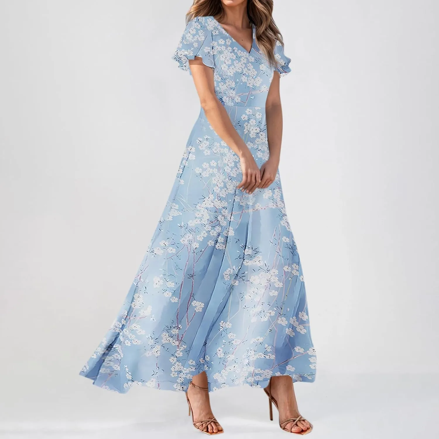 Summer Dress,Wedding Guest Floral Maxi Dress Short Sleeve Flowy Party Women's Casual Dresses
