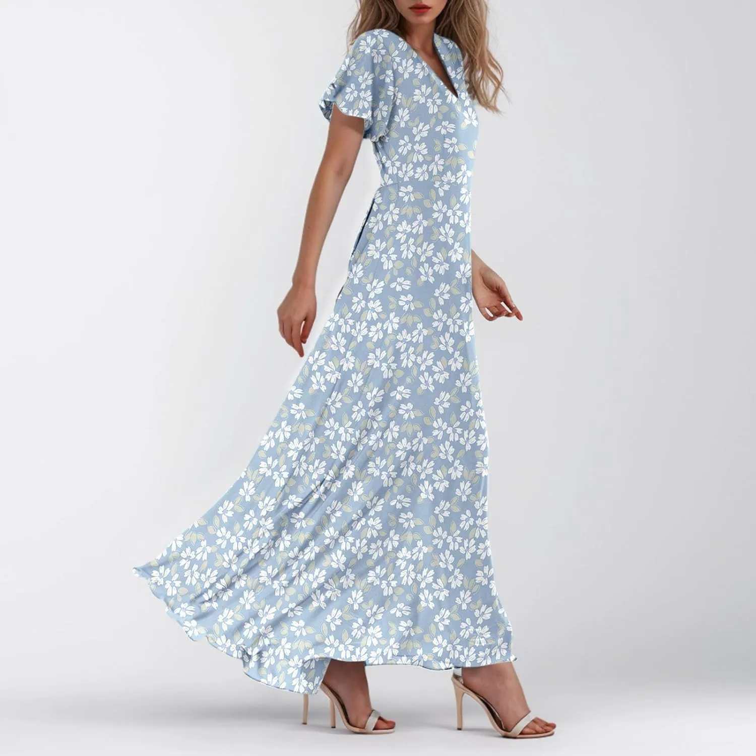 Summer Dress,Wedding Guest Floral Maxi Dress Short Sleeve Flowy Party Women's Casual Dresses