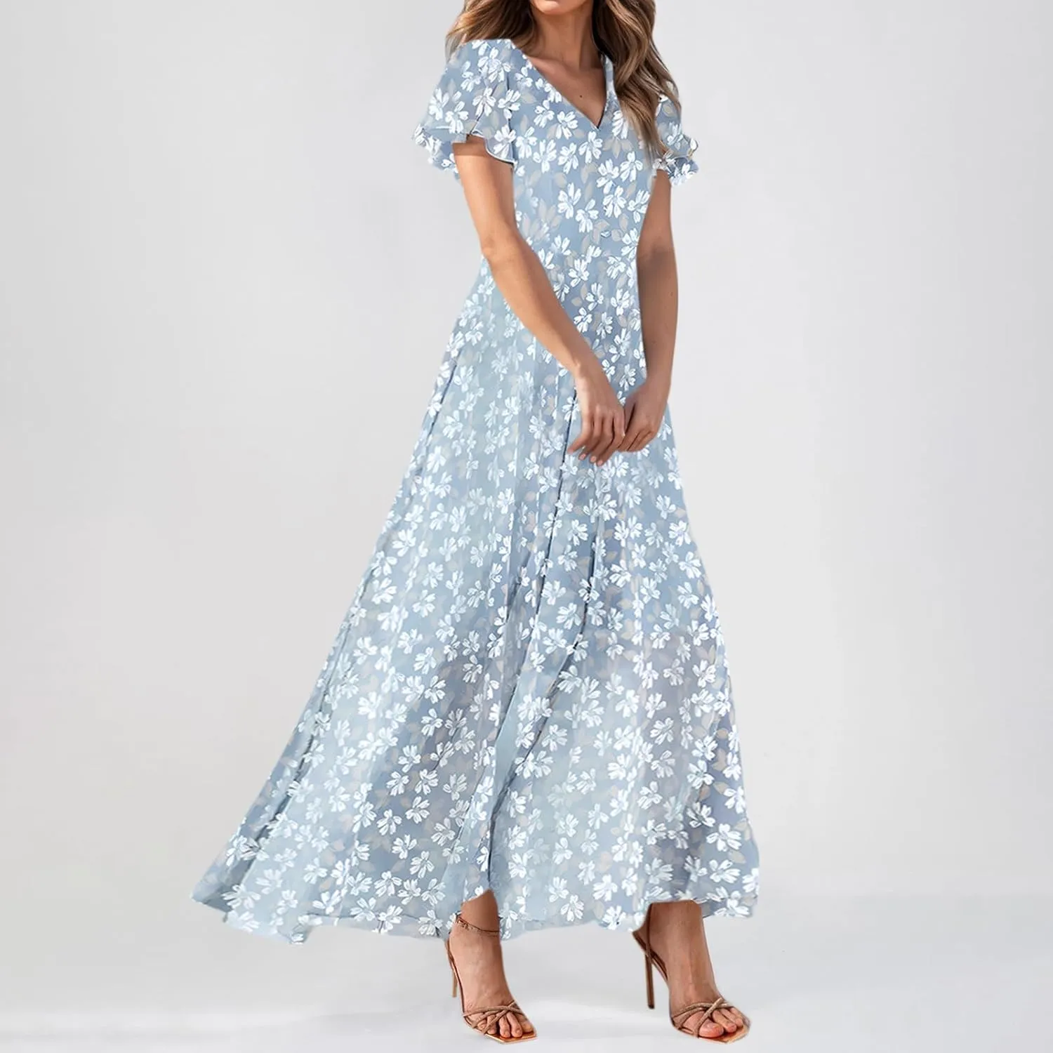 Summer Dress,Wedding Guest Floral Maxi Dress Short Sleeve Flowy Party Women's Casual Dresses