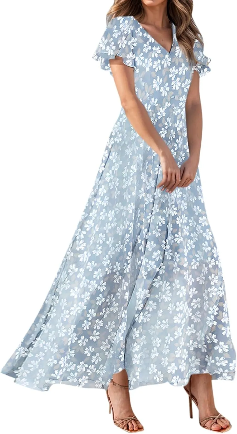 Summer Dress,Wedding Guest Floral Maxi Dress Short Sleeve Flowy Party Women's Casual Dresses