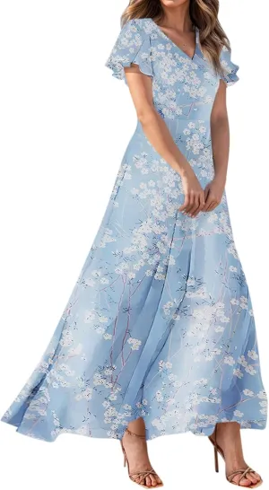 Summer Dress,Wedding Guest Floral Maxi Dress Short Sleeve Flowy Party Women's Casual Dresses