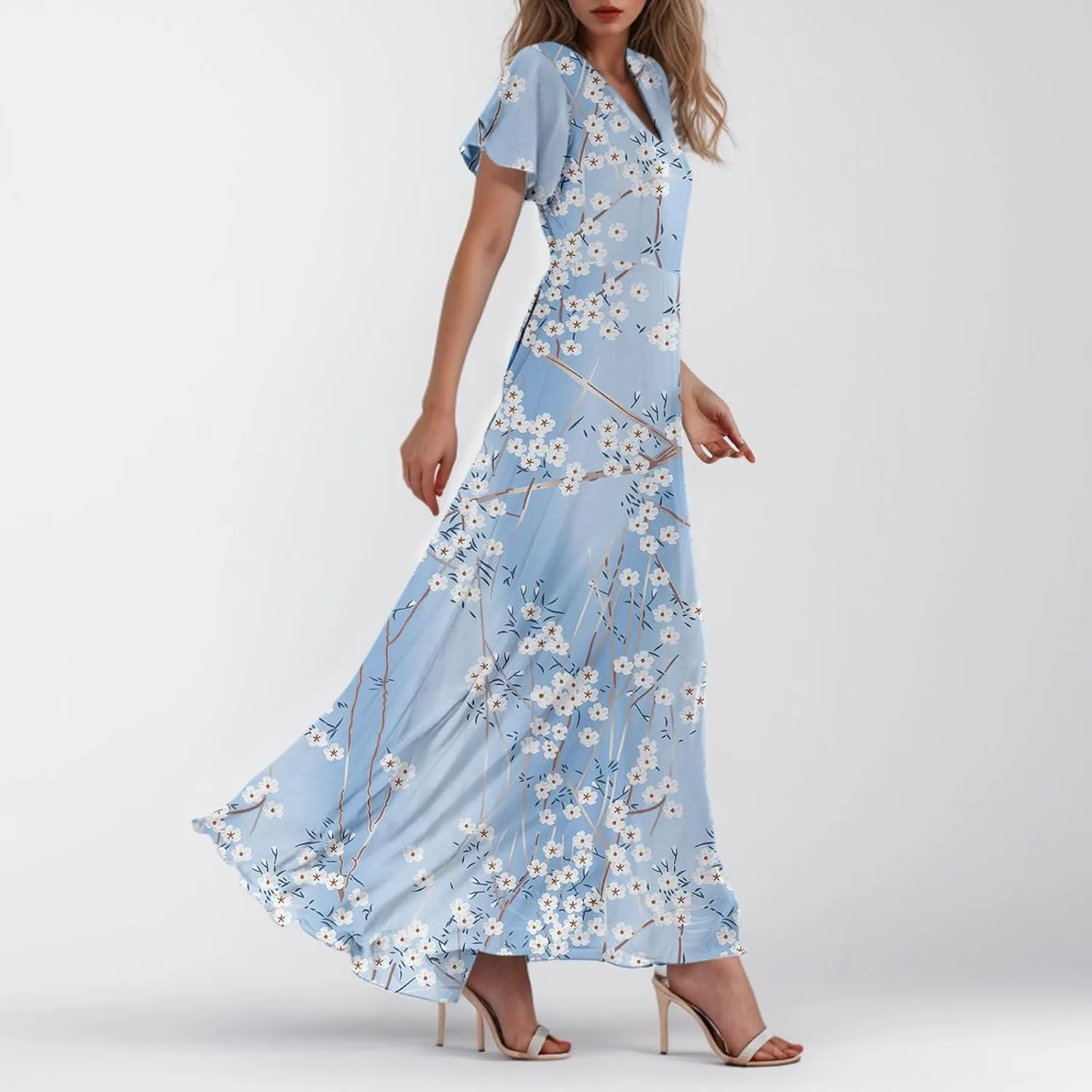 Summer Dress,Wedding Guest Floral Maxi Dress Short Sleeve Flowy Party Women's Casual Dresses