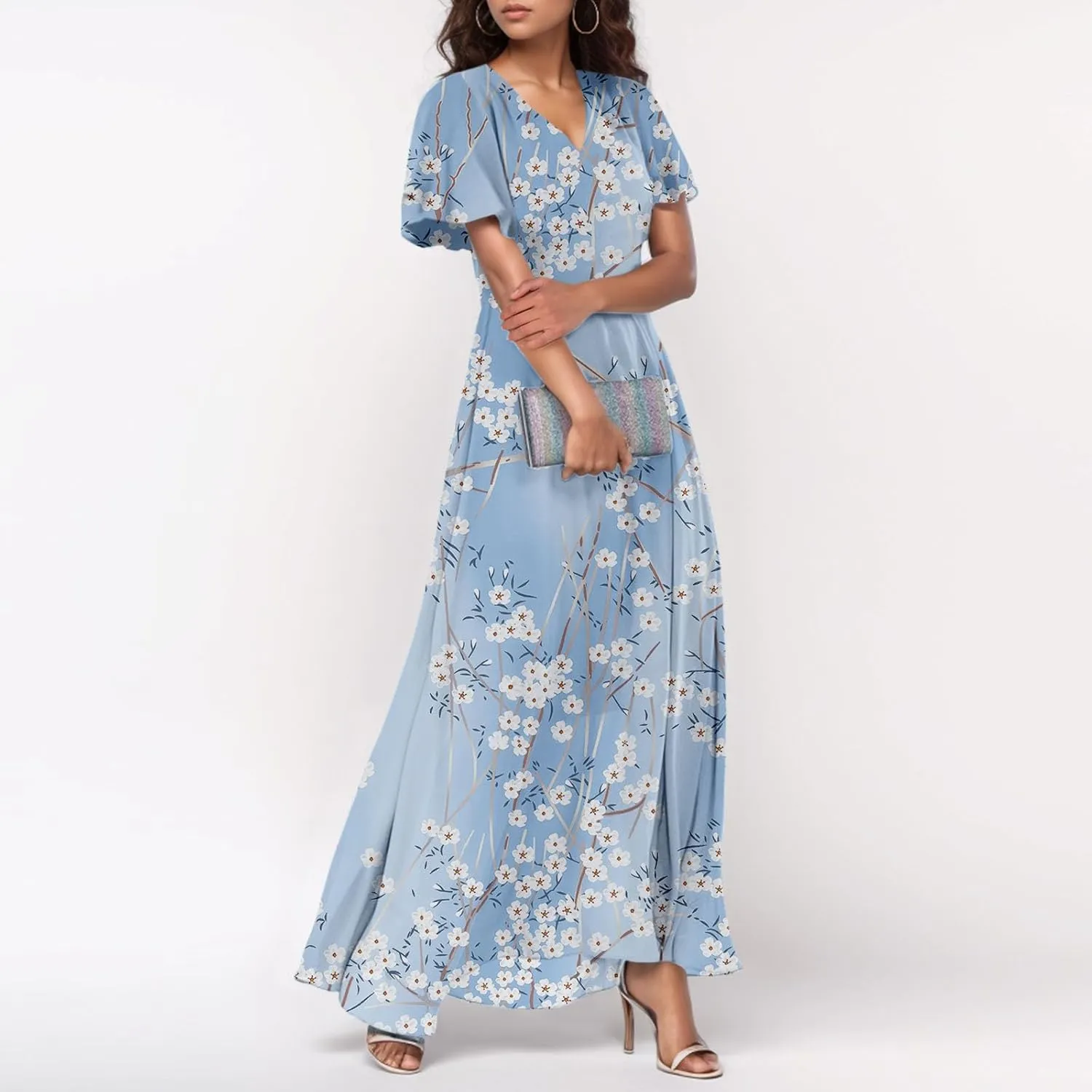 Summer Dress,Wedding Guest Floral Maxi Dress Short Sleeve Flowy Party Women's Casual Dresses
