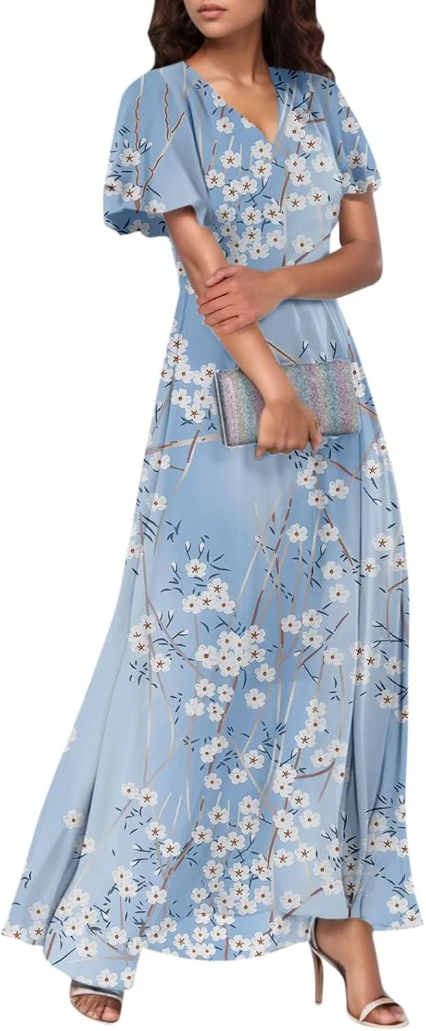 Summer Dress,Wedding Guest Floral Maxi Dress Short Sleeve Flowy Party Women's Casual Dresses