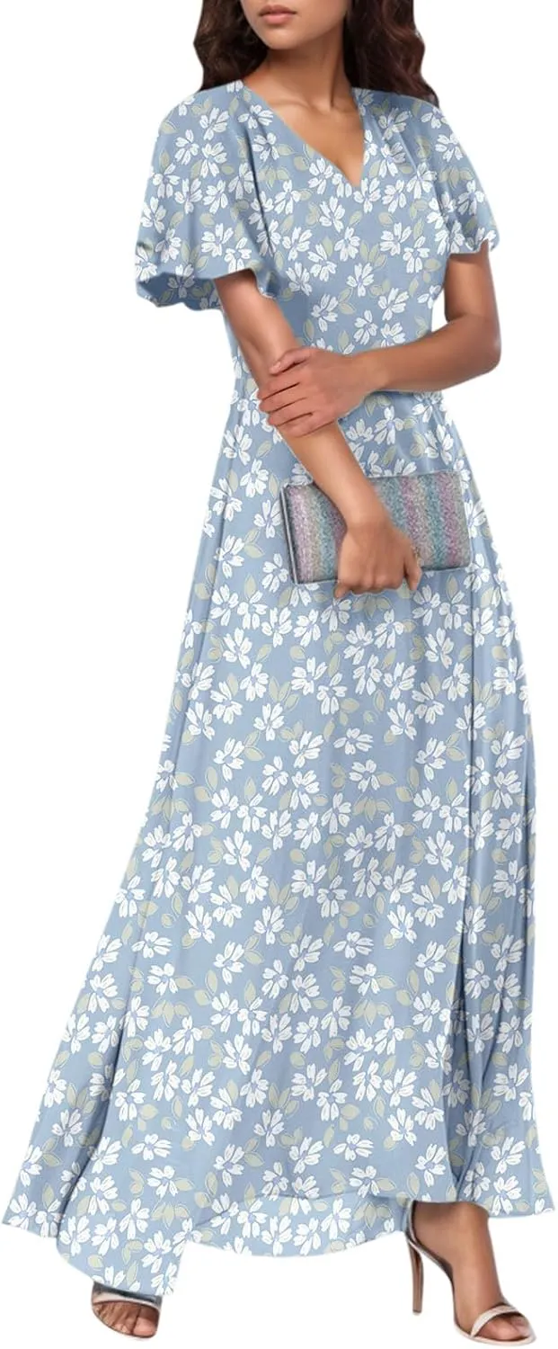 Summer Dress,Wedding Guest Floral Maxi Dress Short Sleeve Flowy Party Women's Casual Dresses