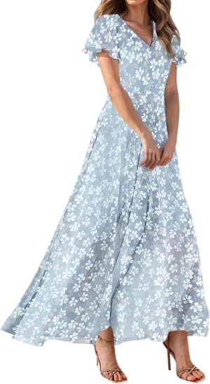 Summer Dress,Wedding Guest Floral Maxi Dress Short Sleeve Flowy Party Women's Casual Dresses