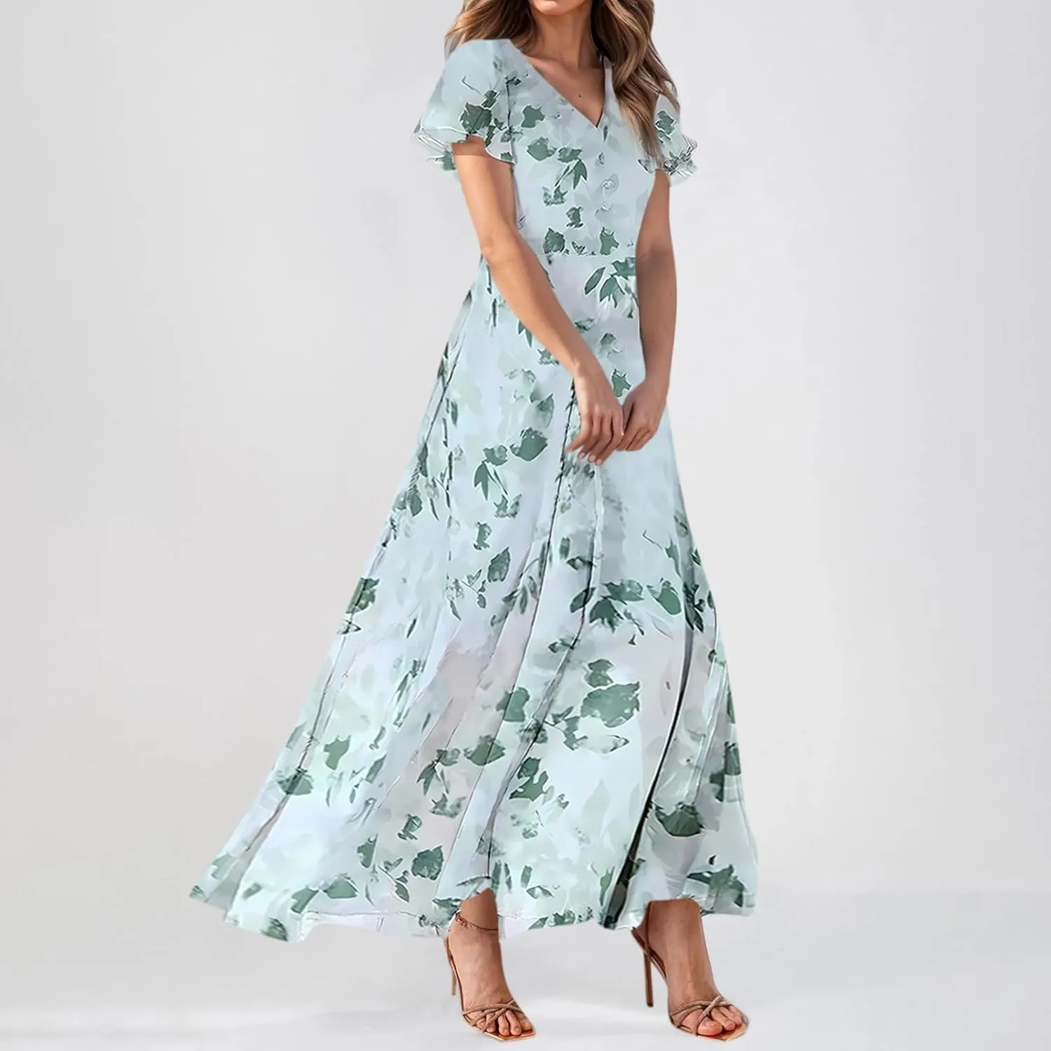 Summer Dress,Wedding Guest Floral Maxi Dress Short Sleeve Flowy Party Women's Casual Dresses