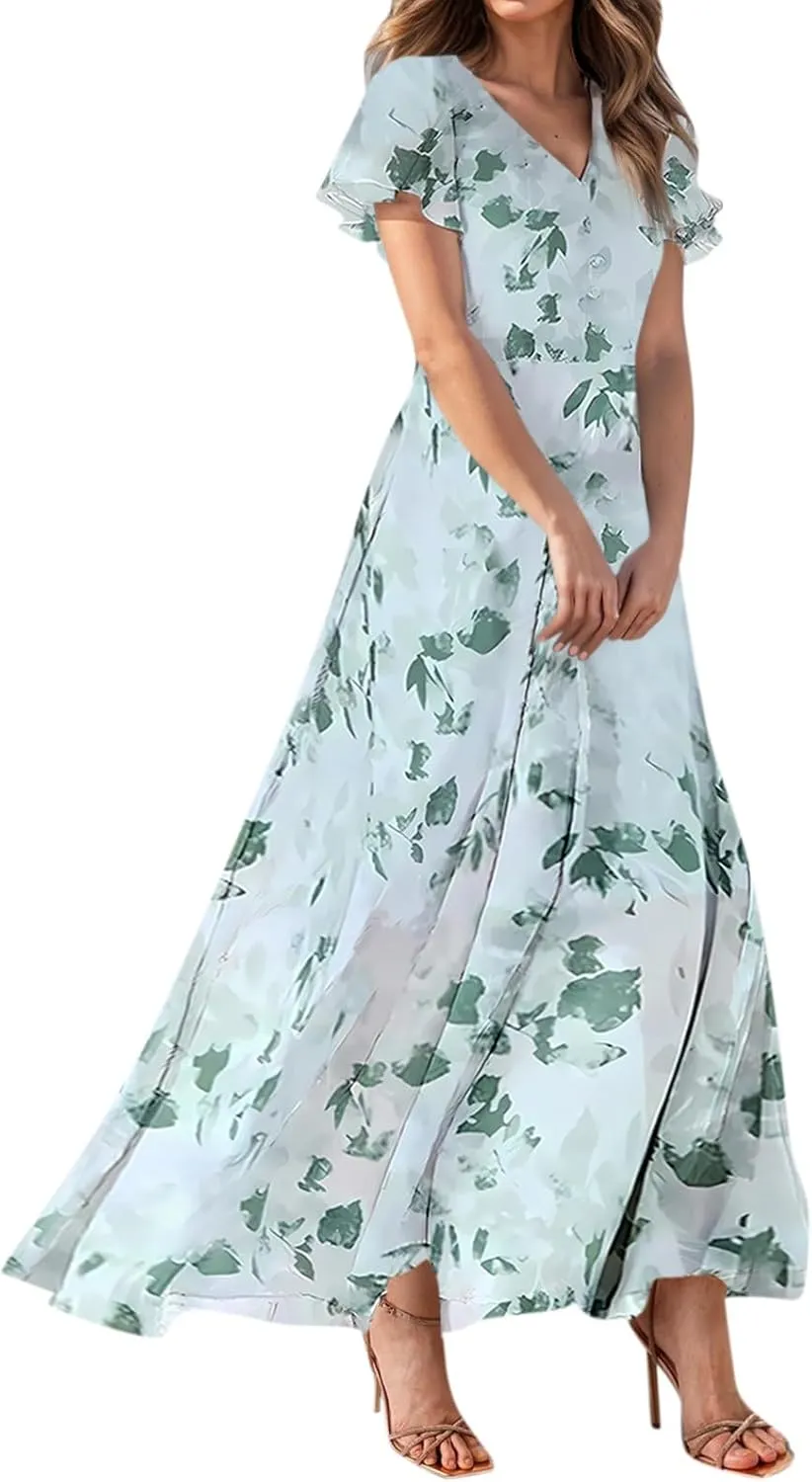 Summer Dress,Wedding Guest Floral Maxi Dress Short Sleeve Flowy Party Women's Casual Dresses