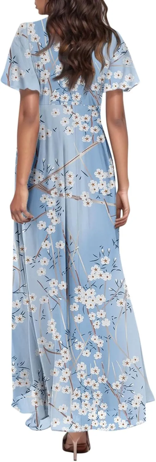 Summer Dress,Wedding Guest Floral Maxi Dress Short Sleeve Flowy Party Women's Casual Dresses