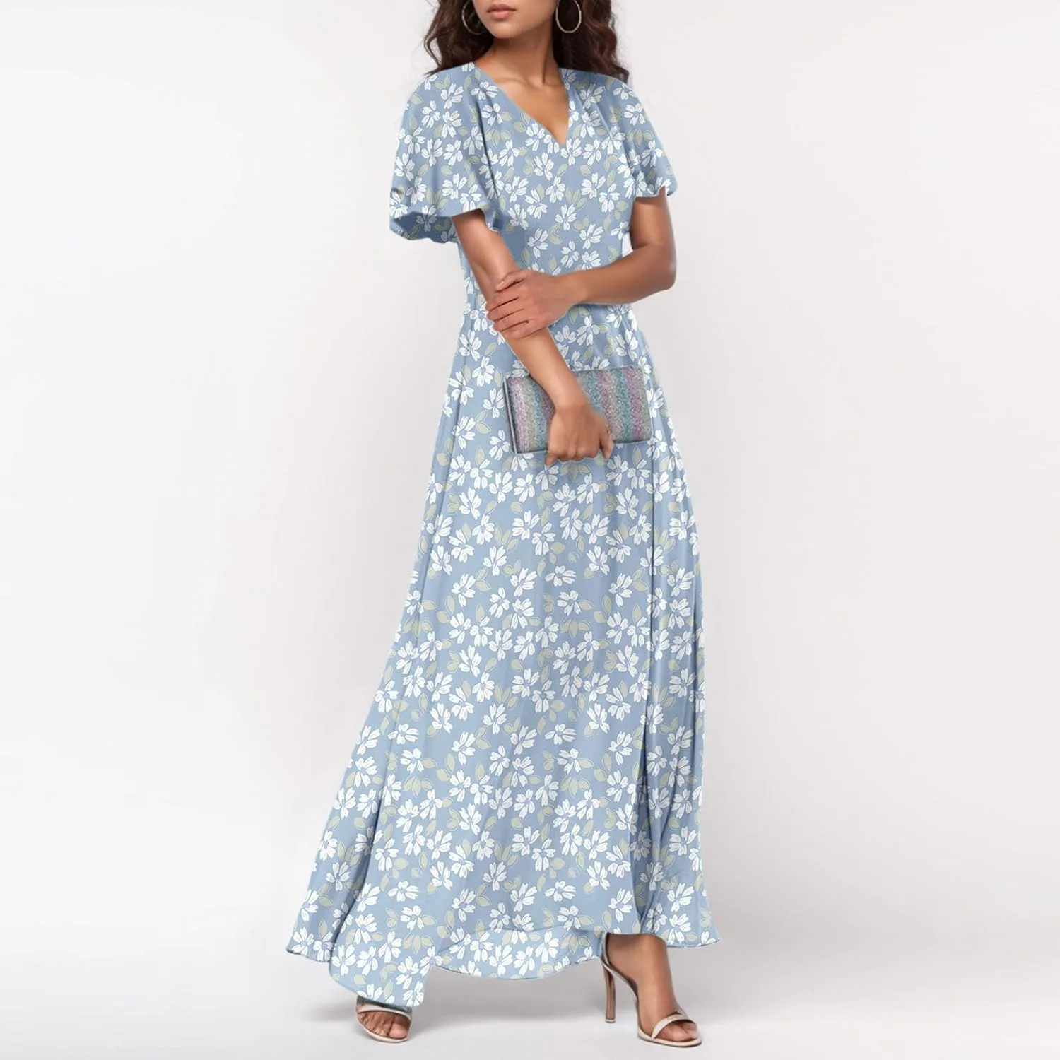 Summer Dress,Wedding Guest Floral Maxi Dress Short Sleeve Flowy Party Women's Casual Dresses