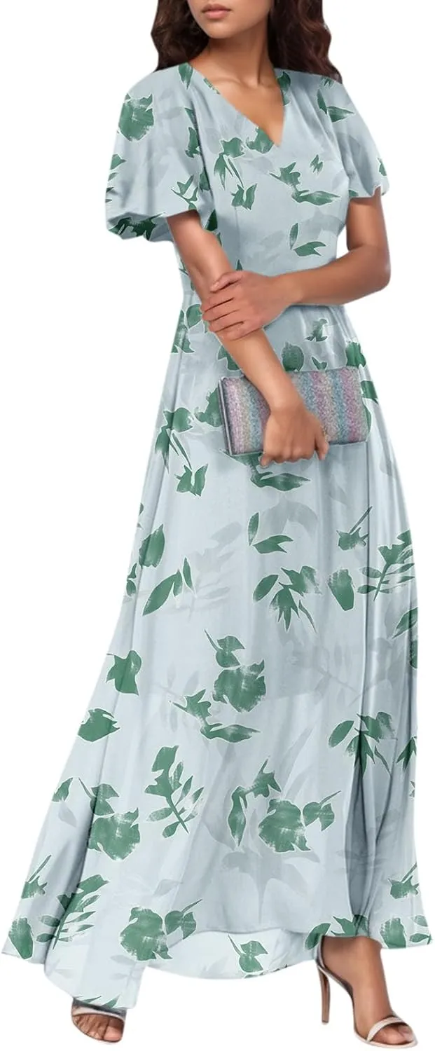 Summer Dress,Wedding Guest Floral Maxi Dress Short Sleeve Flowy Party Women's Casual Dresses