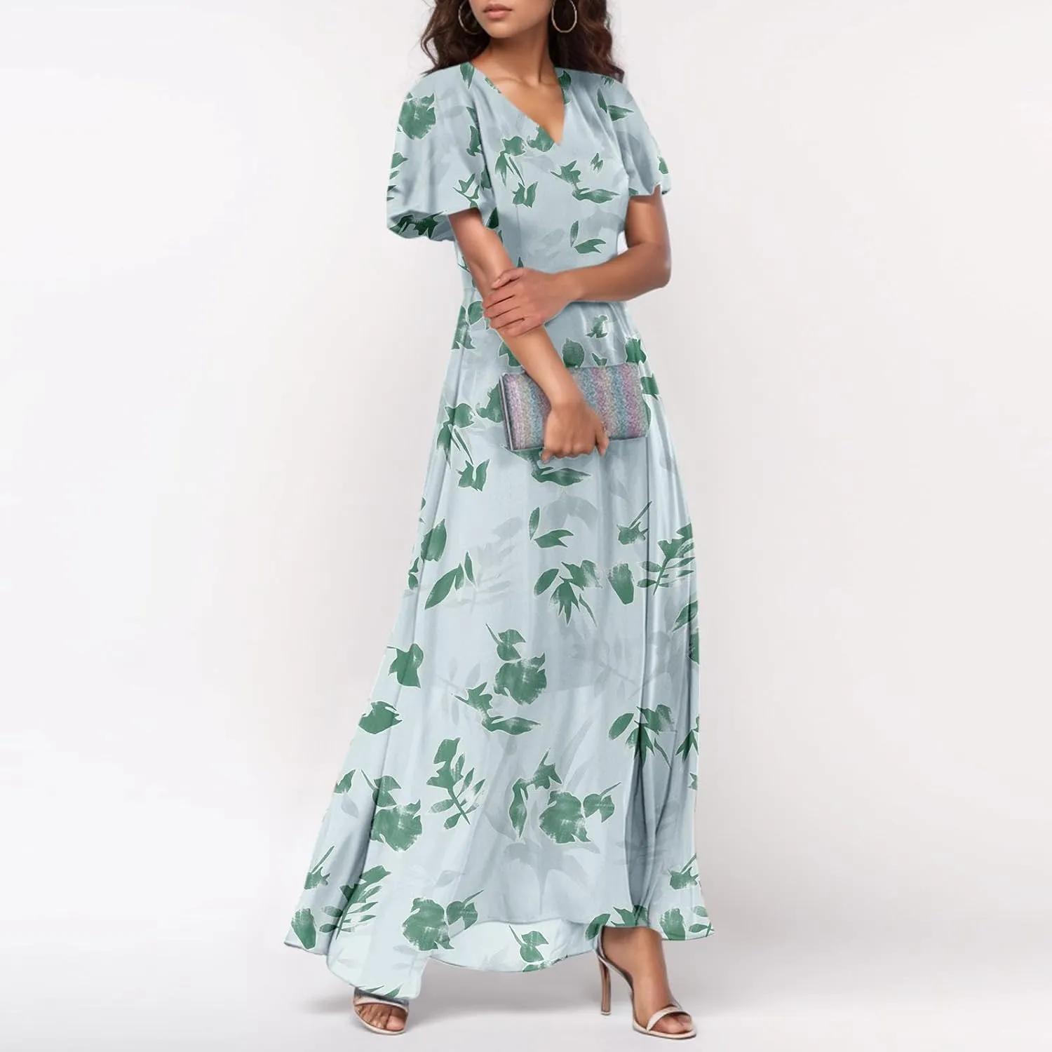 Summer Dress,Wedding Guest Floral Maxi Dress Short Sleeve Flowy Party Women's Casual Dresses