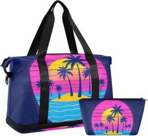 Summer Neon Coconut Tree Sunset Beach Travel Duffel Bags Weekender/Overnight Duffel with Toiletry Bag for Hiking Waterproof