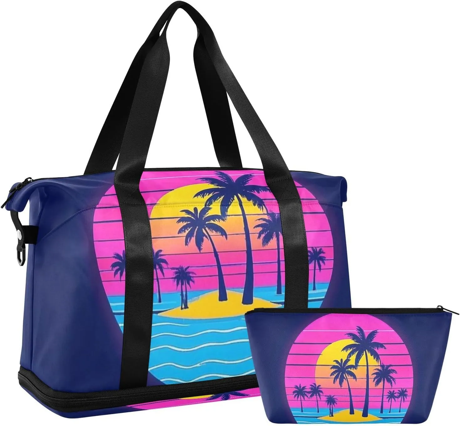 Summer Neon Coconut Tree Sunset Beach Travel Duffel Bags Weekender/Overnight Duffel with Toiletry Bag for Hiking Waterproof