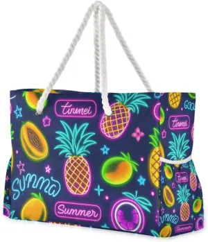 Summer Neon Fruit Pineapple fruit Duffel Bag Women Waterproof Sandproof with side pockets Large Tote Bag Beach for Travel Gym Vacation