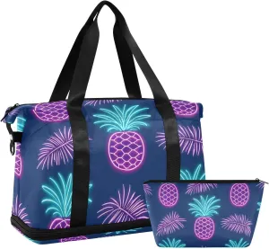 Summer Neon Pineapple Leaf Overnight Travel Duffel Bag Large Carry On Airport Bag with Adjustable Strap for Airplane Traveling Waterproof