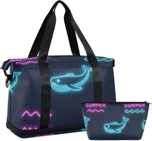 Summer Neon Whale Wave Black Duffel Bags Gym Carry on Duffel Bags with Toiletry Bag for Yoga 2 Pcs Set