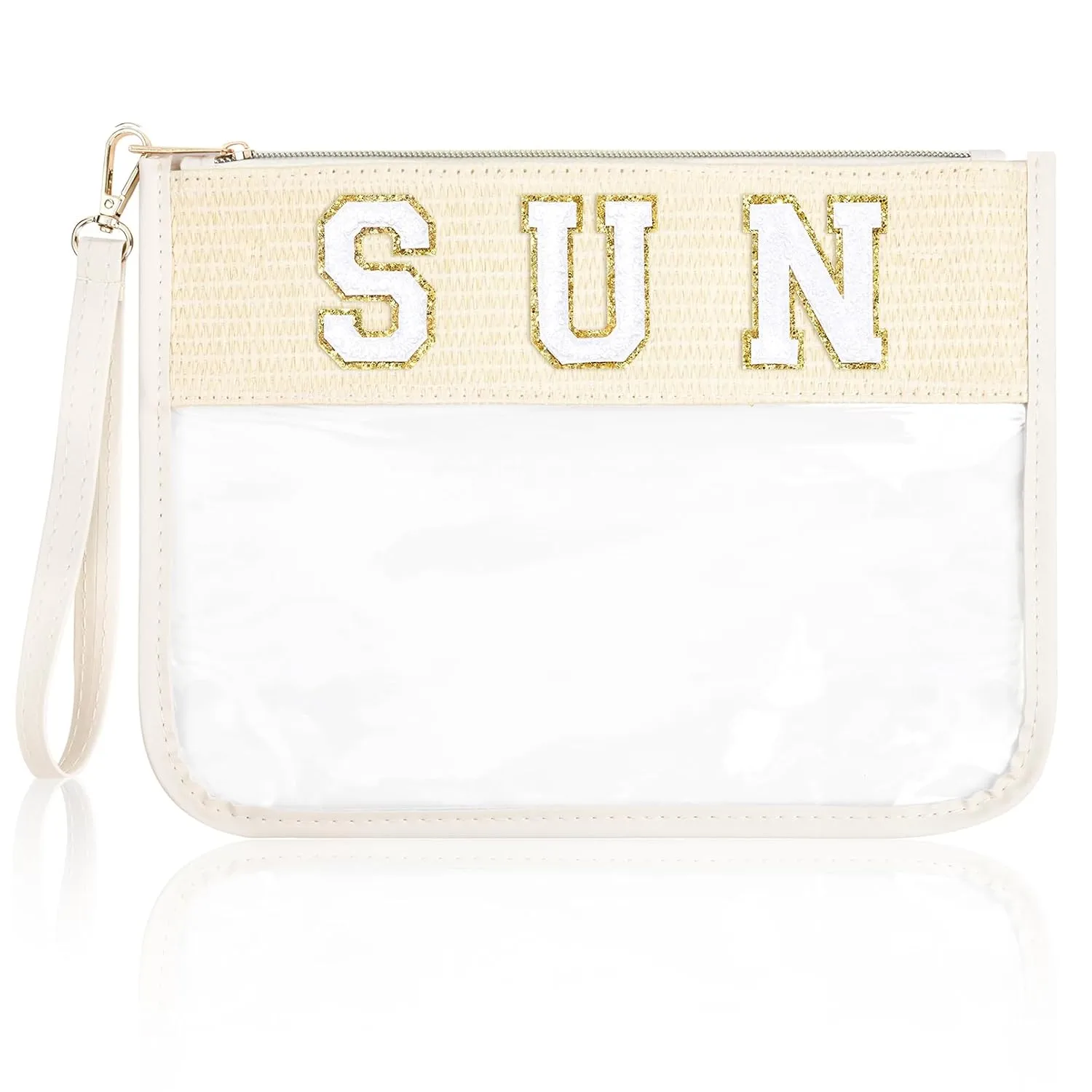SUN Bag Sunscreen Makeup Bag Chenille Letter Pouch Clear Travel Zipper Nylon Cosmetic SUN Pouch Organizer Sunscreen Toiletry Waterproof Summer Travel Gifts for Women