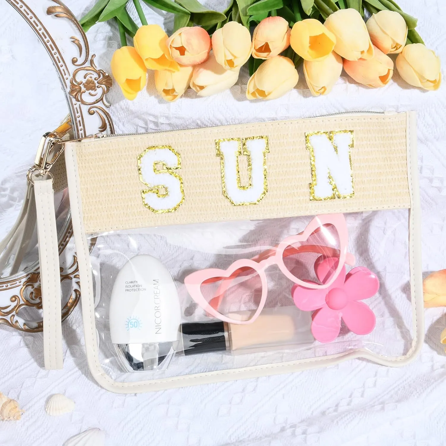 SUN Bag Sunscreen Makeup Bag Chenille Letter Pouch Clear Travel Zipper Nylon Cosmetic SUN Pouch Organizer Sunscreen Toiletry Waterproof Summer Travel Gifts for Women