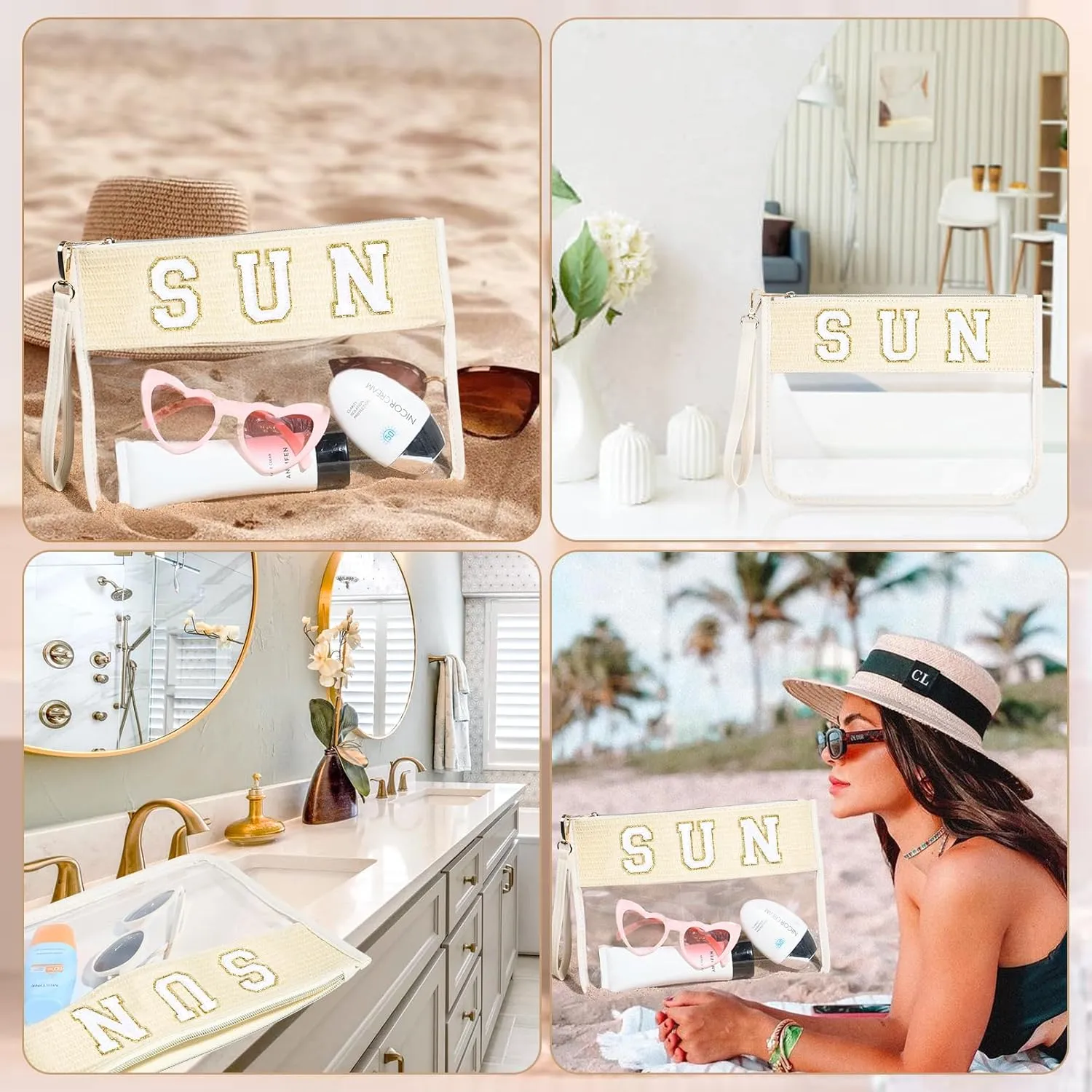 SUN Bag Sunscreen Makeup Bag Chenille Letter Pouch Clear Travel Zipper Nylon Cosmetic SUN Pouch Organizer Sunscreen Toiletry Waterproof Summer Travel Gifts for Women