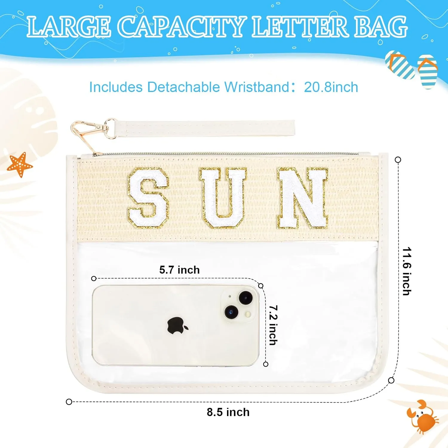 SUN Bag Sunscreen Makeup Bag Chenille Letter Pouch Clear Travel Zipper Nylon Cosmetic SUN Pouch Organizer Sunscreen Toiletry Waterproof Summer Travel Gifts for Women