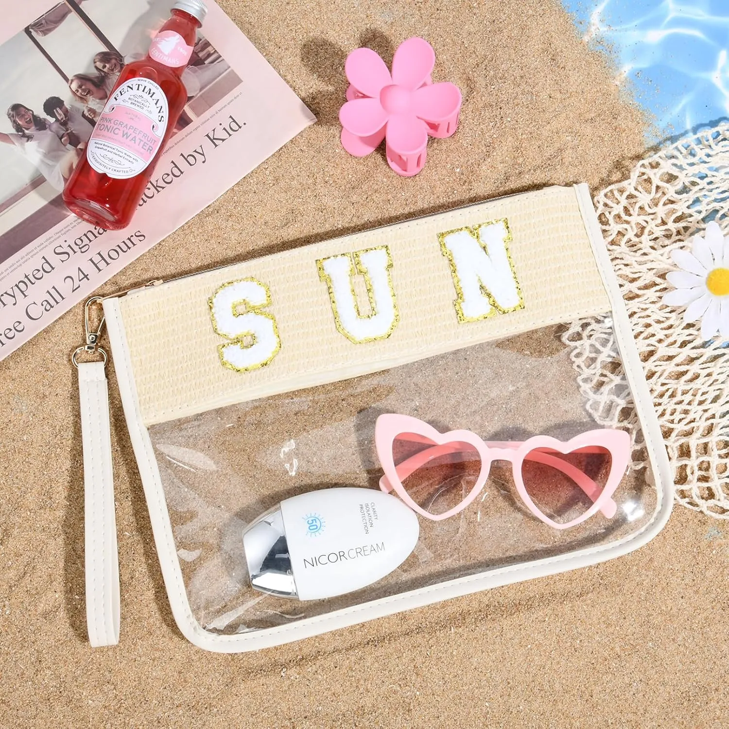 SUN Bag Sunscreen Makeup Bag Chenille Letter Pouch Clear Travel Zipper Nylon Cosmetic SUN Pouch Organizer Sunscreen Toiletry Waterproof Summer Travel Gifts for Women