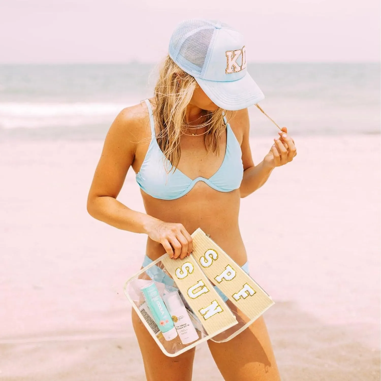 SUN Bag Sunscreen Makeup Bag Chenille Letter Pouch Clear Travel Zipper Nylon Cosmetic SUN Pouch Organizer Sunscreen Toiletry Waterproof Summer Travel Gifts for Women