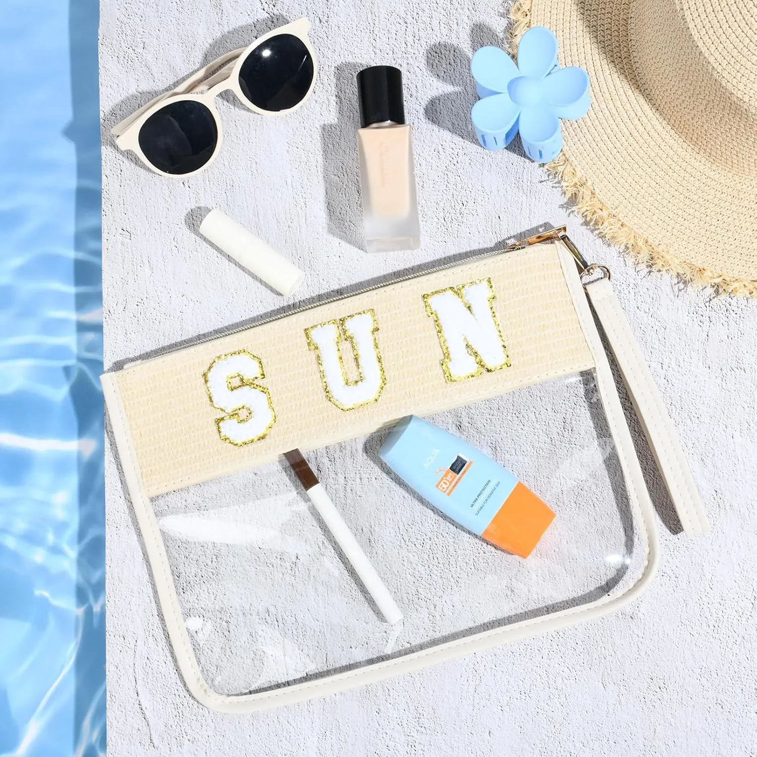 SUN Bag Sunscreen Makeup Bag Chenille Letter Pouch Clear Travel Zipper Nylon Cosmetic SUN Pouch Organizer Sunscreen Toiletry Waterproof Summer Travel Gifts for Women